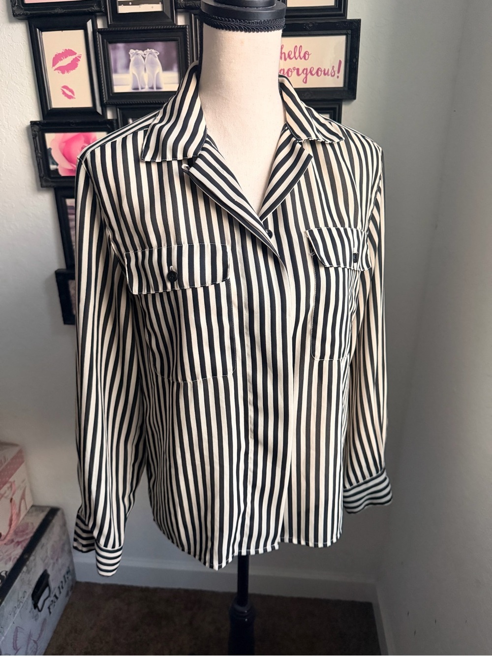 Jones New York Black and White Vertical Stripe Blouse